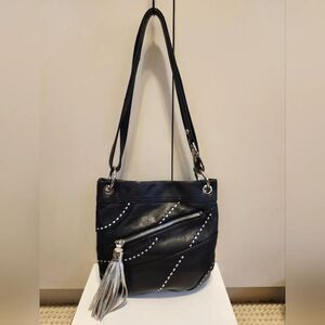 B.Makowsky Black/Silver Buttery Leather Crossbag Leopard Lining Ret. $268